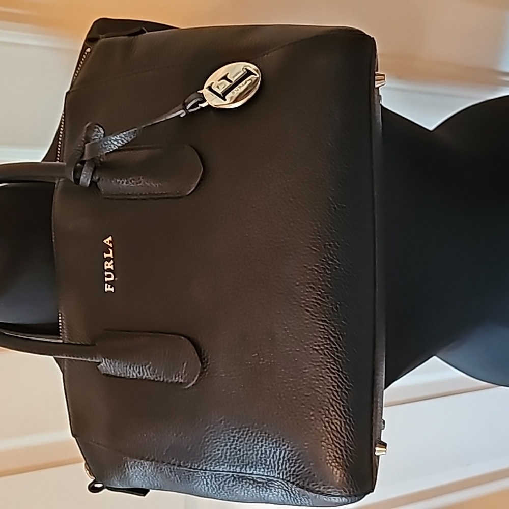 Furla Black Pebbled Leather Handbag, missing attachable strap.